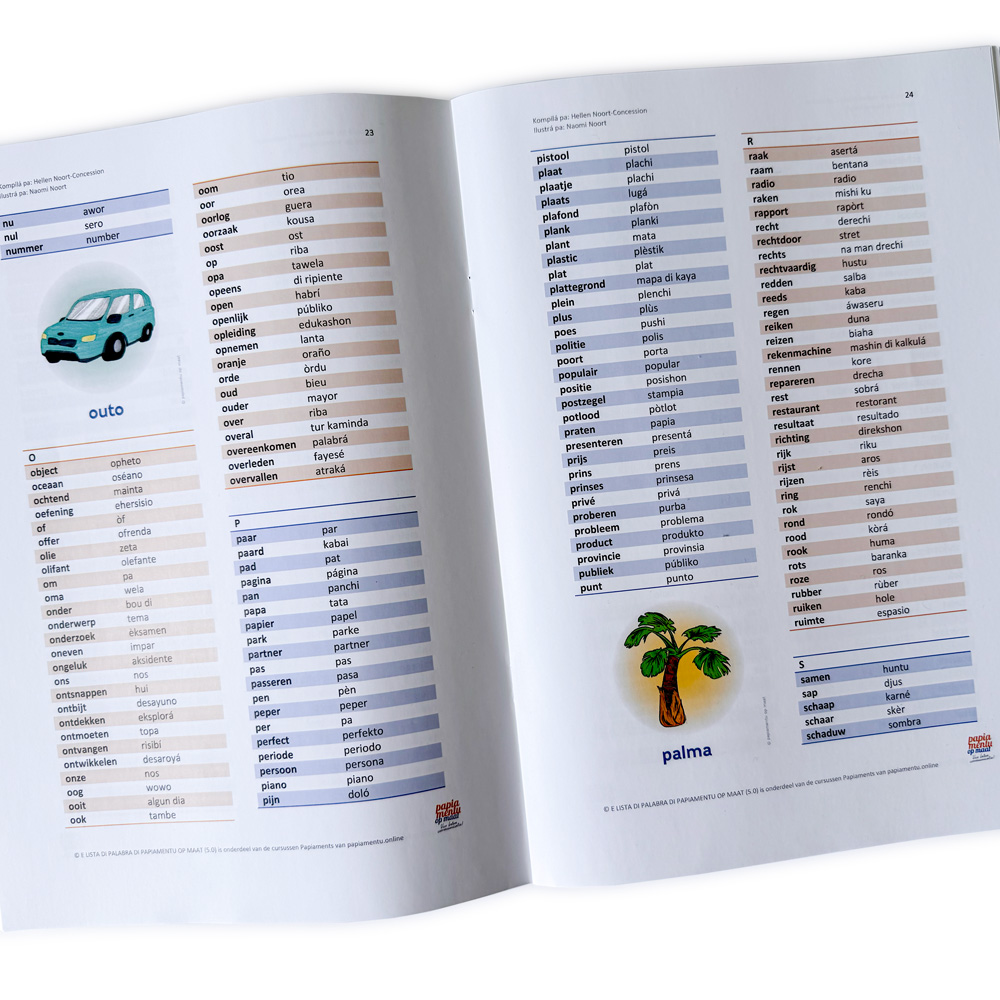 binnenzijde van lista di palabra met woorden in Papiamentu en Nederlands